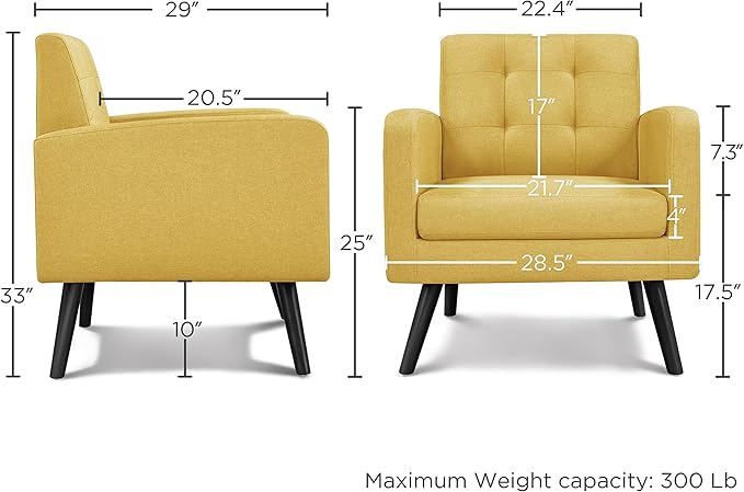 Yaheetech Mid-Century Accent Chairs, Modern Upholstered Living Room Chair, Cozy Armchair Button Tufted Back and Wood Legs for Bedroom/Office/Cafe, Set of 2, Yellow