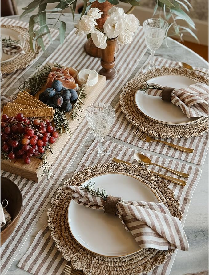 Solino Home Linen Cloth Napkins Set of 4-100% Pure Linen Brown and Cream Striped Dinner Napkins 20 x 20 Inch for Fall, Autumn, Thanksgiving - Amalfi Stripe, Handcrafted and Machine Washable