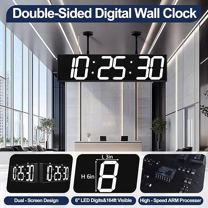 Digital Clock Large Display 28" with Remote Control,Double-Sided Clock, Suspended Design for Hospitals, Factories, Airports.