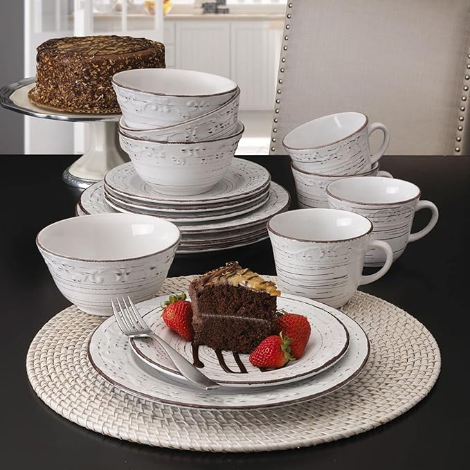 Pfaltzgraff Trellis White 16-Piece Stoneware Dinnerware Set, Service for 4, Distressed White Finish, Microwave & Dishwasher Safe Plates and Bowls