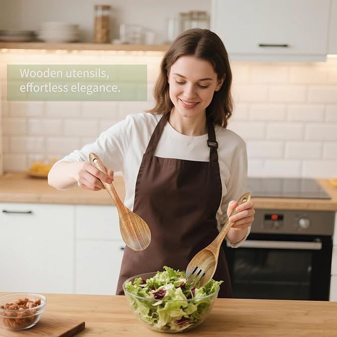 Wooden Utensils, 11 PCS Natural Acacia Wooden Spoons & Kitchen Utensils Set, Non-Stick Spatula Ladle Serving Spoon for Baking Stirring Cooking