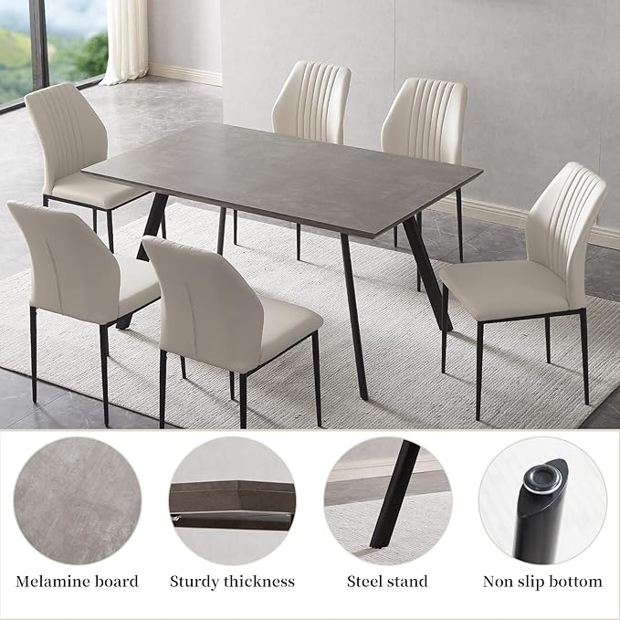 ZckyCine Modern 7-Piece Rectangular Wooden Dining Table Set with 6 Soft Dining Chairs in Grey, 46.5" (Depth), 35.4" (Width), 29.9" (Height), Antique Finish, Suitable for Dining Room