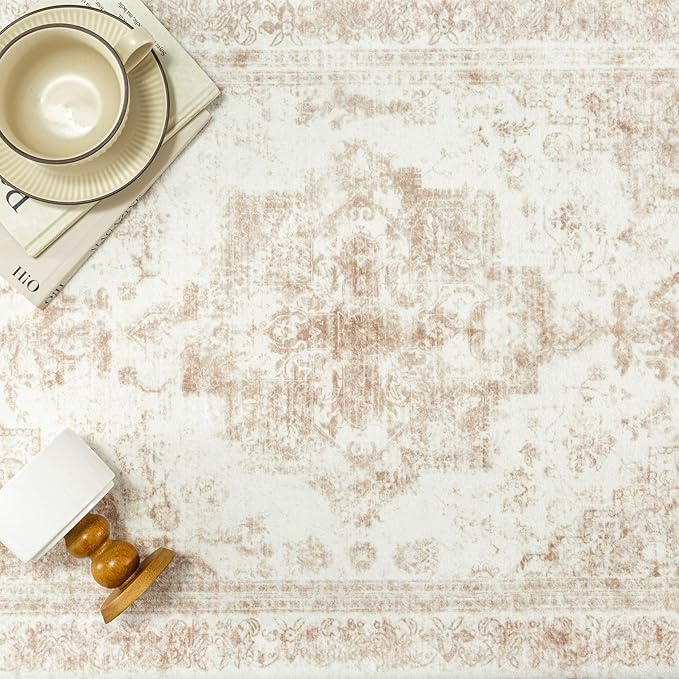 Area Rug 6x9 Cream Washable Living Room Beige Carpet Non Slip Vintage Medallion Indoor Bedroom Beige Carpet Low Pile Soft Retro Distressed Large Rug Home Office Dining Room Playroom