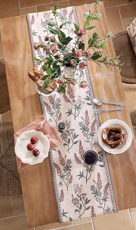 ISAENNE Designer Light Beige Linen Table Runner 71 Inches Long,Vintage Floral Wrinkle Resistant Decor Table Runners for Dining Tables,Christmas,Thanksgiving,Kitchen Tables,12"*71"-Helena A