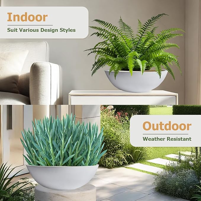 6.9" H x 19.7" D Round Bowl Fiberstone Planter for Succulent and Lotus, Drainage Hole, Weather Resistant for Indoor and Outdoor Use, Included 2 Extra Coco Mats (White, 17.9" Pot Opening)