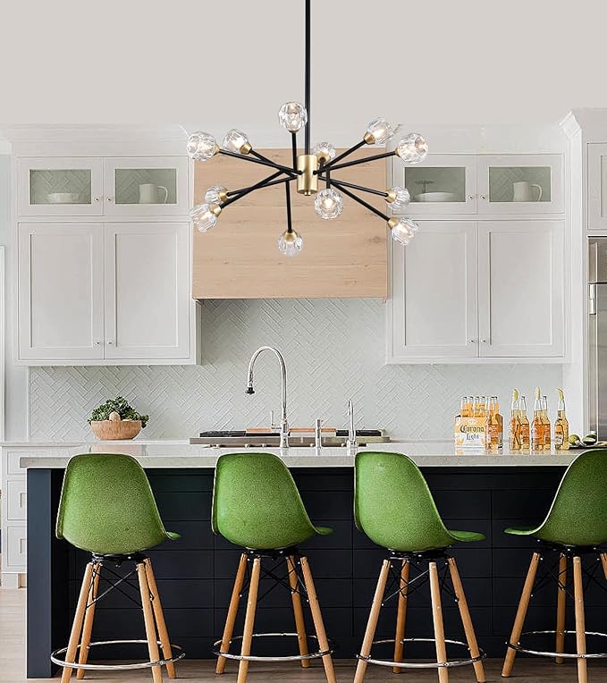 AMZASA Crystal Chandeliers, Modern Black and Gold Sputnik Pendant Lighting, 12 Lights Mid Century Ceiling Light Fixtures for Dining Room Kitchen Island Living Room Bedroom Bar,UL