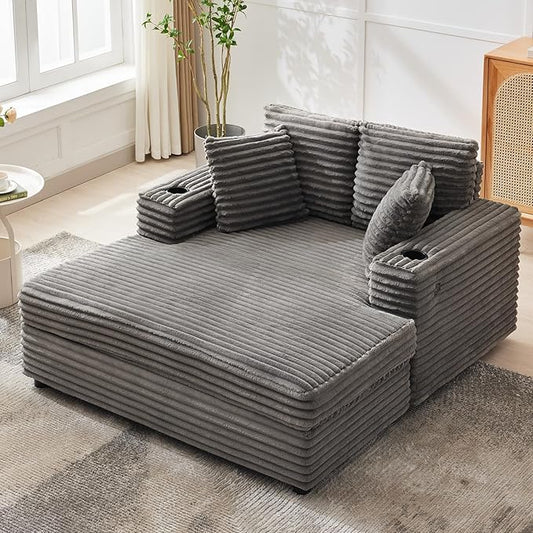 GarveeHome Oversized Chaise Lounge Chair Indoor, Comfy Corduroy Lounge Sofa with Charging Station, Cup Holders & Throw Pillows, Cozy Sleeper Couch for Living Room Apartments, Grey