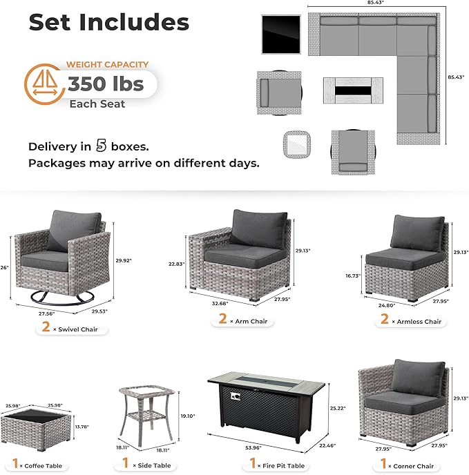 ovios 10 Pieces Patio Furniture Set, Outdoor Wicker Sectional Sofa with 54" Fire Pit Table Swivel Chairs, Modern Modular Deep Seat Rattan Couch Conversation Sets, Black