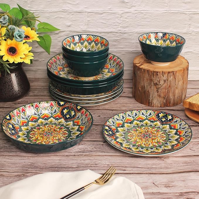 YA JU Mandala Dinnerware Sets (12 Pcs) Serves 4, Buffet Dinnerware, Boho Plates and Bowls Dish Set with 8" salad Plate 8" Dessert Plate 4.8" bowl, apply Casual dining Indoor Outdoor Dining Party