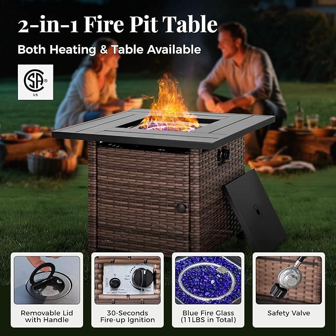 Patio Furniture Set, 6 Pcs Wicker Rattan Outdoor Conversation Set, 2 x Leg Chairs, 1 x 3 Seater Sofa and 2 x Ottoman with 4" Thick Cushion and 32" Fire Pit Table, Beige