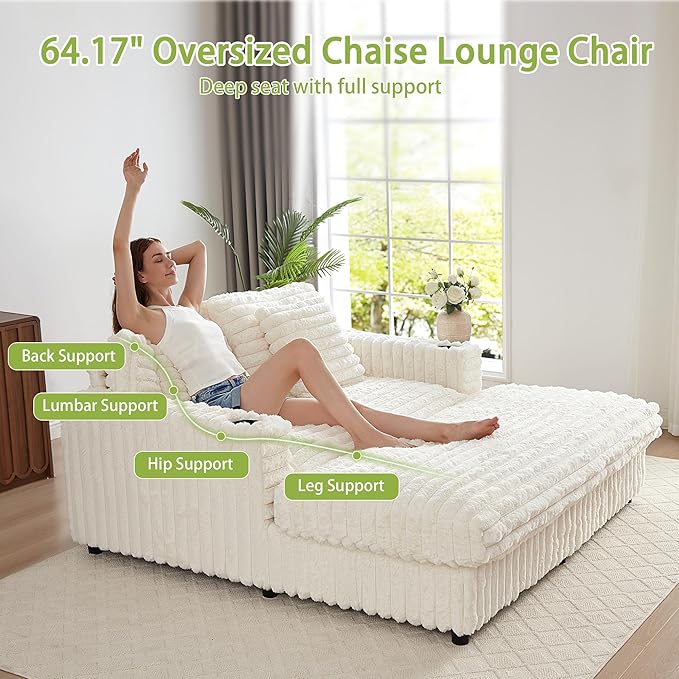 RARZOE 64'' Oversized Chaise Lounge Chair Indoor, Plush Faux Rabbit Fur Sleeper Sofa Bed with 4 Pillows, Charging Station & Cup Holders, Fluffy Comfy Cloud Couch Loveseat Sofa for Living Room,Beige