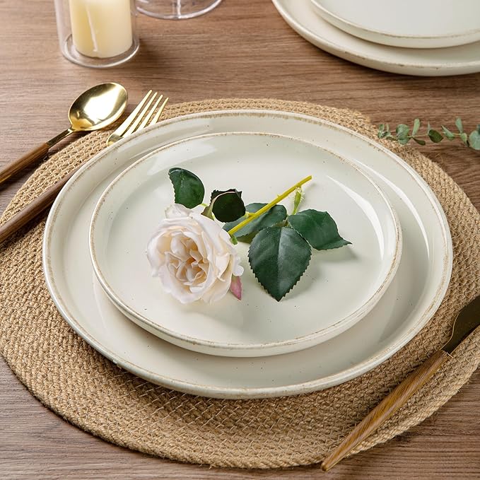 AmorArc 16 Pieces Ceramic Dinnerware Sets for 4, Handpainted Plates and Bowls Set with Rustic Terracotta Underside, Scratch Resistant Stoneware Dishes Set, Dishwasher & Microwave Safe, Light Beige