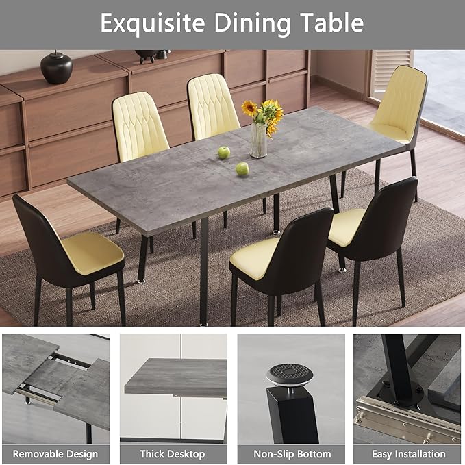 7 Piece Dining Table Set for 6-8,55-71" Extendable Dining Table Set with 6 Upholstered Chairs,Rectangle Kitchen Table Set for Small Space,Dining Room and Office,Grey