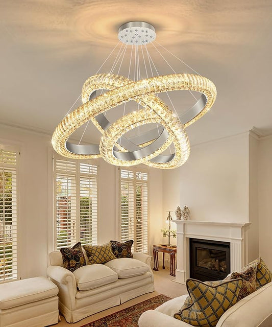31.5" 3 Ring Crystal Chandelier Modern LED Dimmable Ring Pendant Light Round Chandelier for Dining Room Living Room Silver