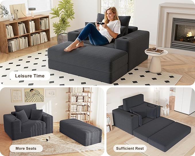 62" Chaise Lounge Chair Indoor Comfy Oversized Sleeper Chair Bed for Living Room Corduroy Deep Seat Lounge Sofa Convertible Boneless Sofa Bed, No Assembly Required
