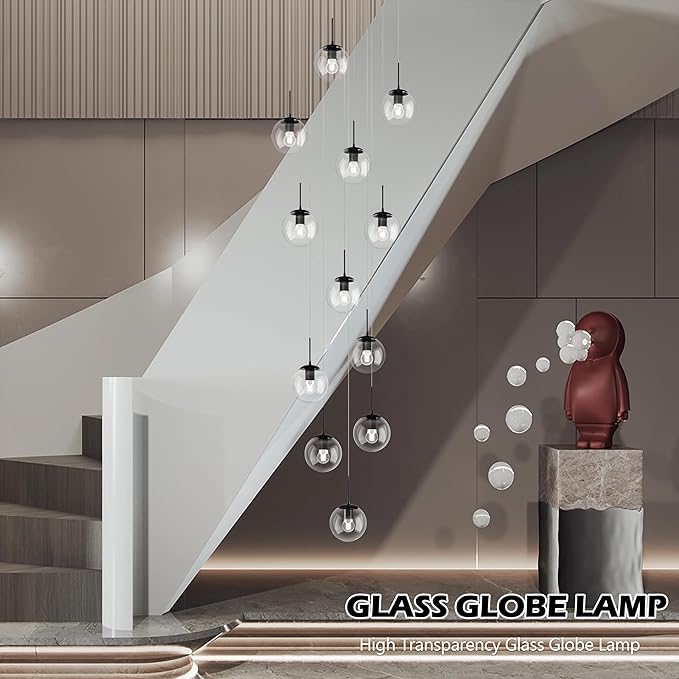 KoKo&Yukina 12-Light Black Mid Century Modern Chandelier for Living Room Staircase Chandelier for Entryway Clear Globe Glass Chandelier High Ceiling Chandeliers Foyer Entryway (Bulb & Remote Incl.)