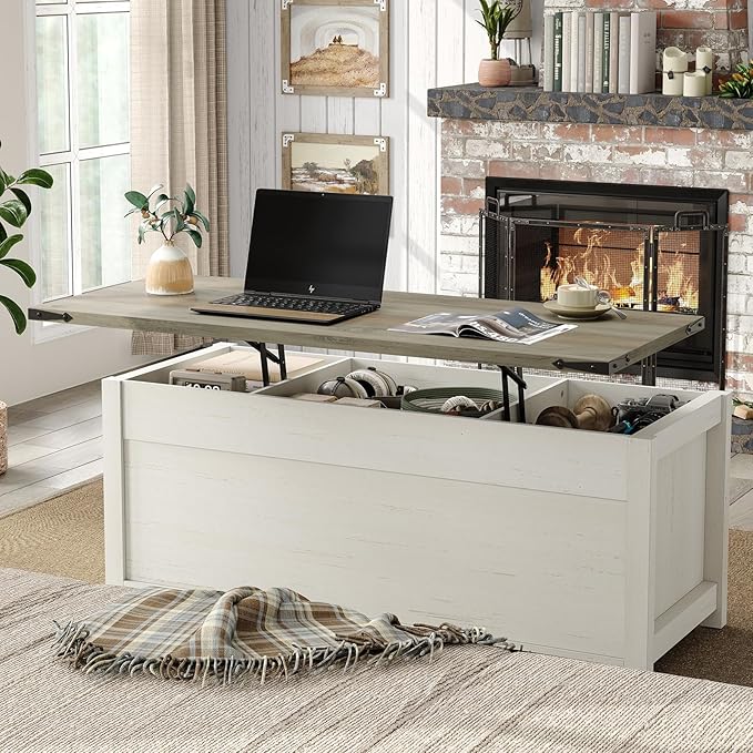 47.3''Lift Top Coffee Table, Farmhouse Center Table with Large Storage & Sliding Barn Doors, Modern Rectangular White Cocktail Table for Living Room, Grey Top