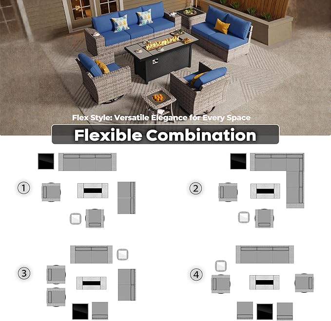 ovios 10 Pieces Patio Furniture Set, Outdoor Wicker Sectional Sofa with 54" Fire Pit Table Swivel Chairs, Modern Modular Deep Seat Rattan Couch Conversation Sets, Navy Blue