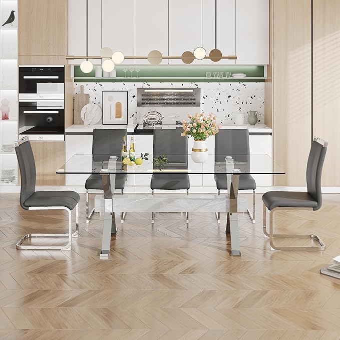7 Piece Glass Dining Table Set, Kitchen Table Chairs Set for 6, 71'' Dining Table with 0.4" Tempered Glass Tabletop with Plated Metal Legs and MDF Crossbar, 6 PU Chairs for Dining Room, Kitchen.