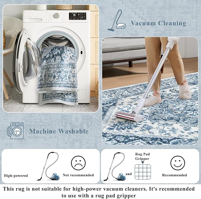 LIVEBOX Blue Washable Area Rug 8x10 - Large Vintage Tribal Living Room Rug Oriental for Bedroom, Non-Slip Retro Medallion Carpet Print Distressed for Dining Room Guest Office