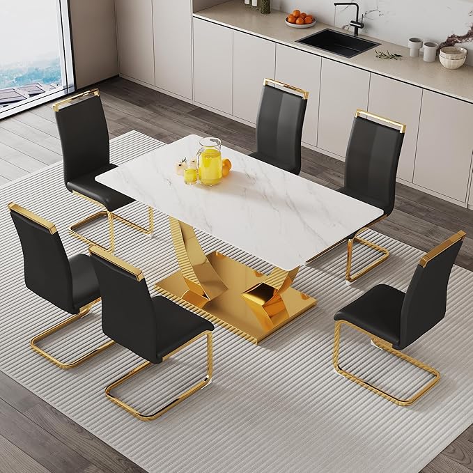 63” Dining Room Table Set for 6,Modern Gold Dining Table Set for 6, Rectangle Kitchen Table Set with Leather Chairs, White Faux Marble Dinner Table Set with Tempered Glass Top and Golden Base