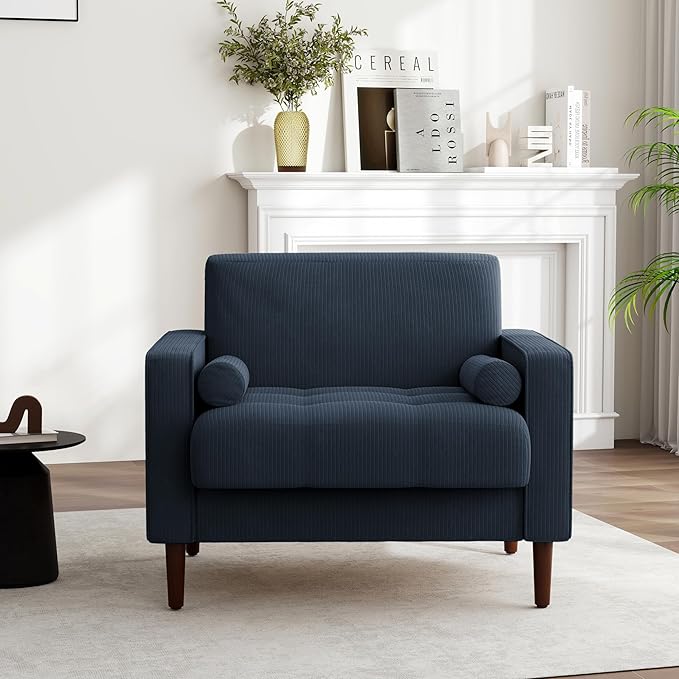 UIXE Accent Chair, Corduroy Upholstered Arm Chairs for Living Room, Comfy Armchair Mid-Century Track Armrest Single Sofa Bedroom Reading Seat with 2 Bolster Pillows - Navy Blue, Set of 2