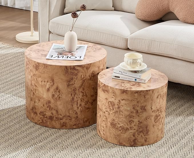EALSON Nesting Coffee Tables Set of 2 Farmhouse Small Round End Tables Modern Wood Circle Side Table Drum Table for Living Room Small Spaces Bedroom Balcony, No Assembly, Natural Burl