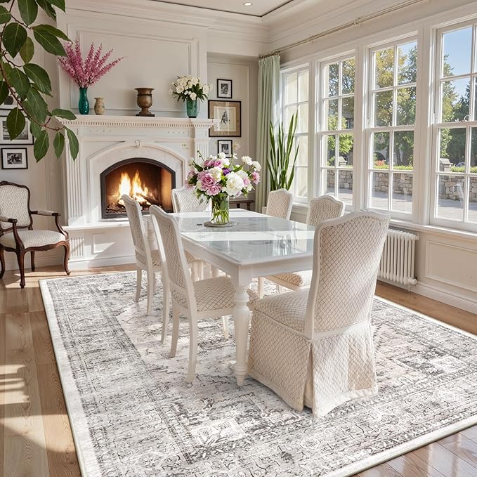 LIVEBOX Washable Area Rug 8x10 - Large Taupe Vintage Tribal Living Room Rug Oriental for Bedroom, Non-Slip Retro Medallion Carpet Print Distressed for Dining Room Guest Office