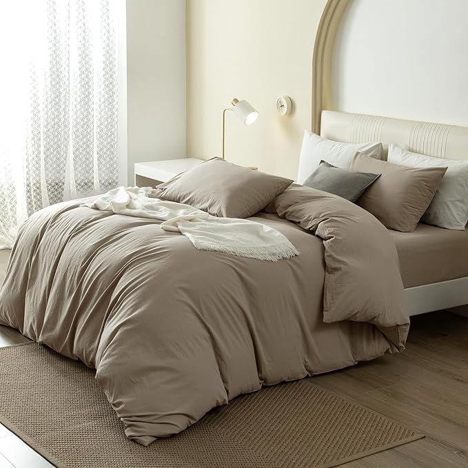 JIYUAN 100% Washed Cotton Duvet Cover Set 3 Pieces King, 1 Duvet Cover 104x90 Inches(Comforter Not Included) and 2 Pillowcases,Linen Feel Bedding Set Comfy and Breathable,Khaki