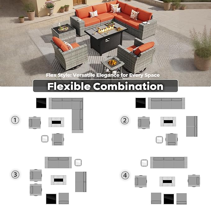 ovios 10 Pieces Patio Furniture Set, Outdoor Wicker Sectional Sofa with 42" Fire Pit Table Swivel Chairs, Modern Modular Deep Seat Rattan Couch Conversation Sets, Orange Red