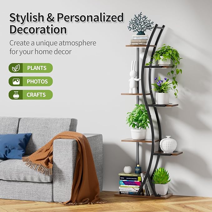 Plant Stand Indoor with Grow Lights - 7 Tiered Tall Metal Plant Shelf - Corner Wooden Plant Stand for Indoor Plants Multiple, Large S-Shape Flower Rack Holder for Living Room, Garden, Patio Decor, 62"