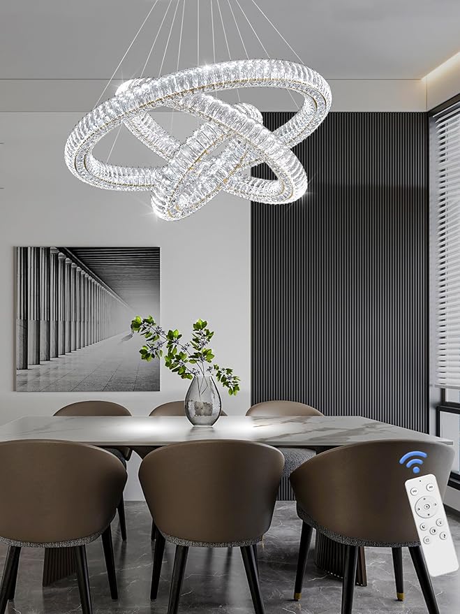 Gold 3 Rings Crystal Chandeliers for Living Room Modern LED Dimmable Crystal Ring Hanging Pendant Light Adjustable D24in+D32in+D40in