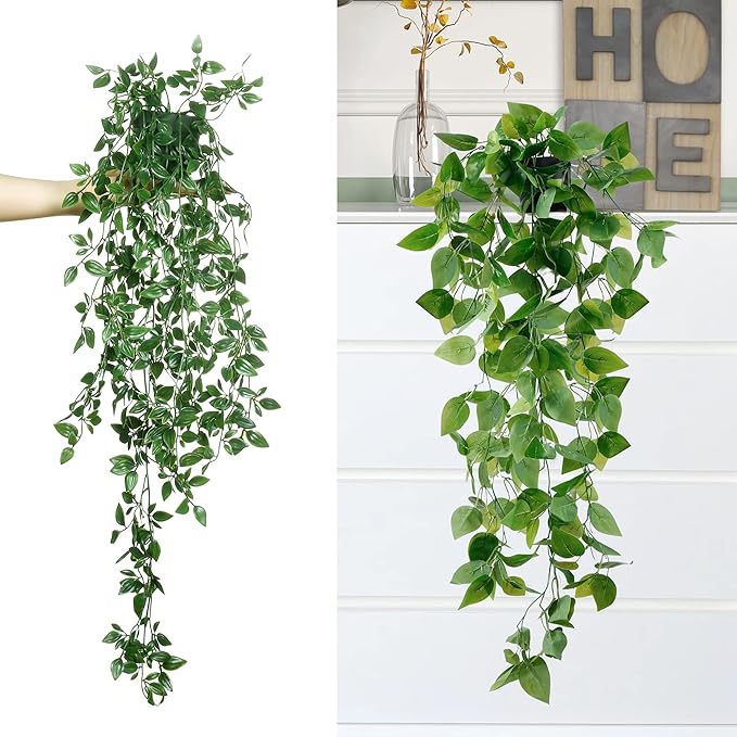 Sggvecsy Fake Hanging Plants 4 Pack Artificial Hanging Eucalyptus Plants Fake Potted Greenery Faux Eucalyptus Mandala Vine Ivy Vine Leaves Pea Pod for Home Indoor Outdoor Wall Garden Decor