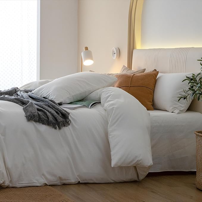 JIYUAN 100% Washed Cotton Duvet Cover Set 3 Pieces Super Queen, 1 Duvet Cover 90x98 Inches(Comforter Not Included) and 2 Pillowcases,Linen Feel Bedding Set Comfy and Breathable,Off White