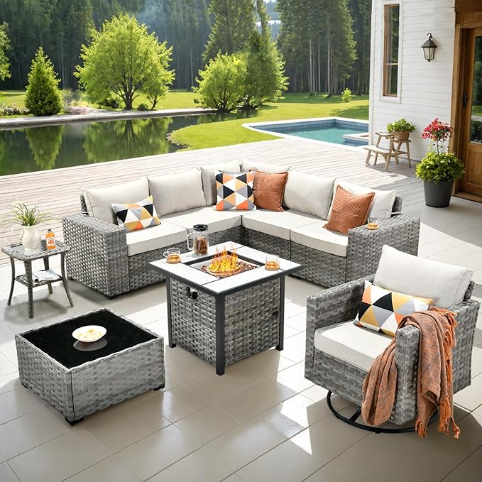 ovios 9 Pieces Patio Furniture Set, Outdoor Wicker Sectional Sofa with 30" Fire Pit Table Swivel Chair, Modern Modular Deep Seat Rattan Couch Conversation Sets, Beige