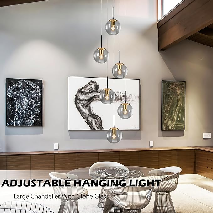KoKo&Yukina Gold 6-Light Globe Chandelier Modern Globe Pendant Light Dining Light Fixtures Ceiling Hanging Stairwell Lighting Adjustable Staircase Lights Grey Glass Light Fixture for Kitchen