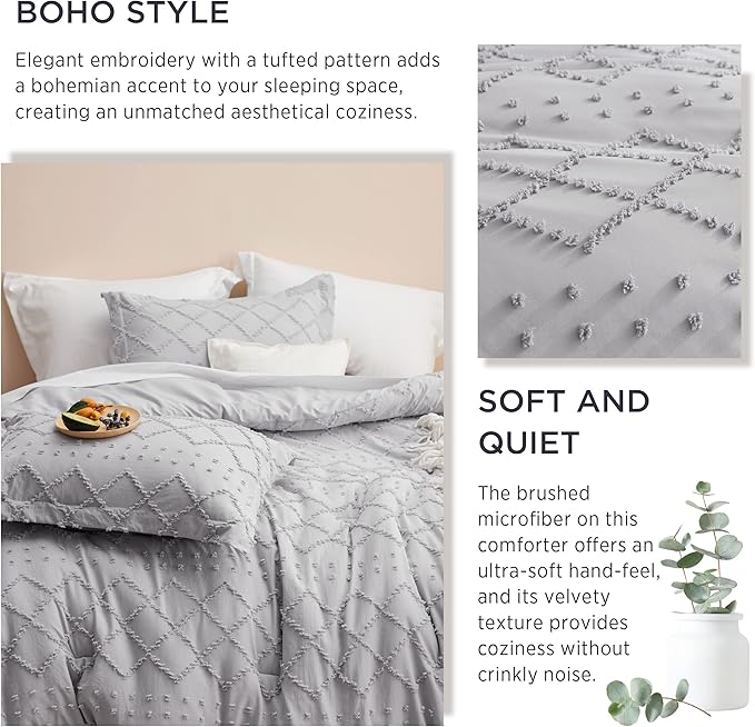 Bedsure Full Comforter Set - Light Grey Comforter, Boho Tufted Shabby Chic Bedding for Kids, 3 Pieces Vintage Farmhouse Bed Set for All Seasons, Fluffy Soft Bedding with 2 Pillow Shams