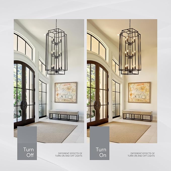 12-Light Lantern Tiered Pendant Light Fixtures, Black Metal Farmhouse Chandelier Hall Foyer Hanging Chandelier for Kitchen Island Dining Room Living Room Foyer Entryway, Black