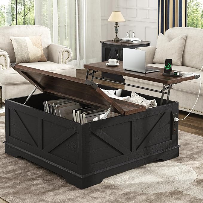 40” Large Farmhouse Lift Top Coffee Table with Power Outlets and Large Hidden Storage, Square Wood Living Room Tables, Multi-Function Lift Wooden Barn Door Center Table, Black