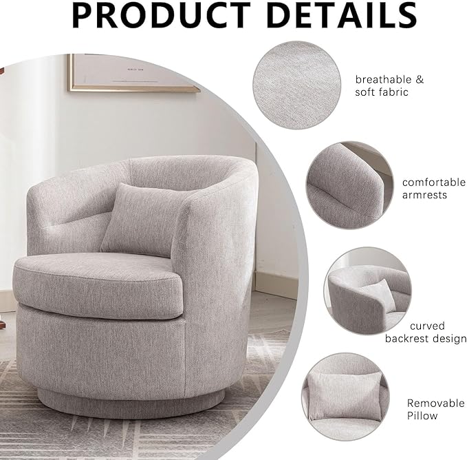 CANMOV Swivel Accent Chair, 360 Degree Round Swivel Barrel Chair with Pillow, Upholstered Comfy Barrel Armchair Single Club Sofa Chair for Living Room,Bedroom, Reading Room, Grey