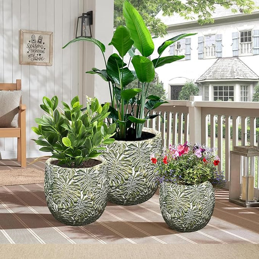 Craft flowerpots 18"+13"+9" Dia Round Concrete Planter Set of 3 Large Outdoor/Indoor Planter Pots Containers with Drainage Holes and Rubber Plug for Home Garden (Green, Large)