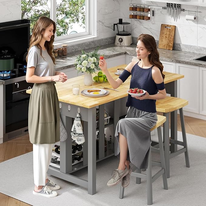 47.3" Solid Rubberwood Kitchen Island with Power Outlets - Extra Large Work Surface, 2 Drawers & Open Shelves Storage Cabinet for Kitchen Dining Room, Farmhouse Style (Grey)