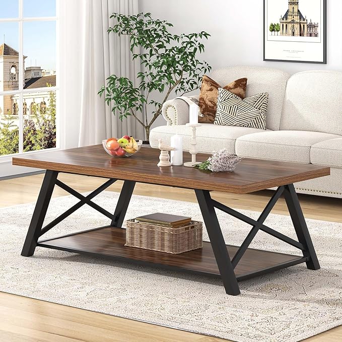 EXCEFUR Modern Coffee Table, Industrial Living Room Center Table with Storage Shelf, Rectangle Wood and Metal Cocktail Tea Table, Rustic Walnut, 47 Inch