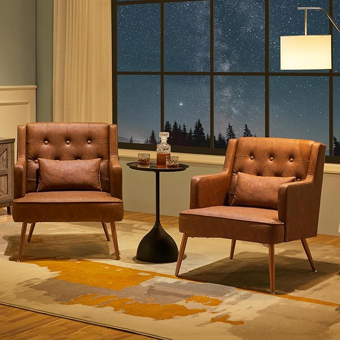 Yaheetech Accent Chair, Living Room Chair Mid Century PU Leather Armchair Lumbar Pillow, Comfy Upholstered Reading Chair Wood Leg Bedroom Brown 2PCS