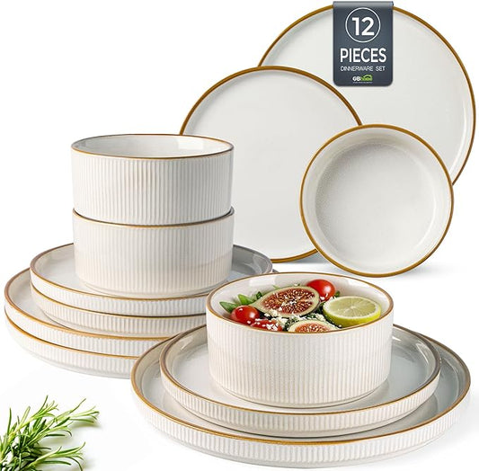 GBHOME Stoneware Dinnerware Sets for 4,Round Reactive Glaze Ceramic Plates and Bowls Set,Highly Scratch Resistant | Dishwasher & Microwave Safe Dishes Set,Service for 4(12Pcs)