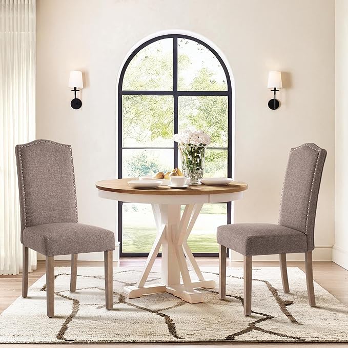 Stylish Upholstered Parsons Dining Chair Kitchen with Silver Nailhead Trim and Sturdy Solid Wood Legs