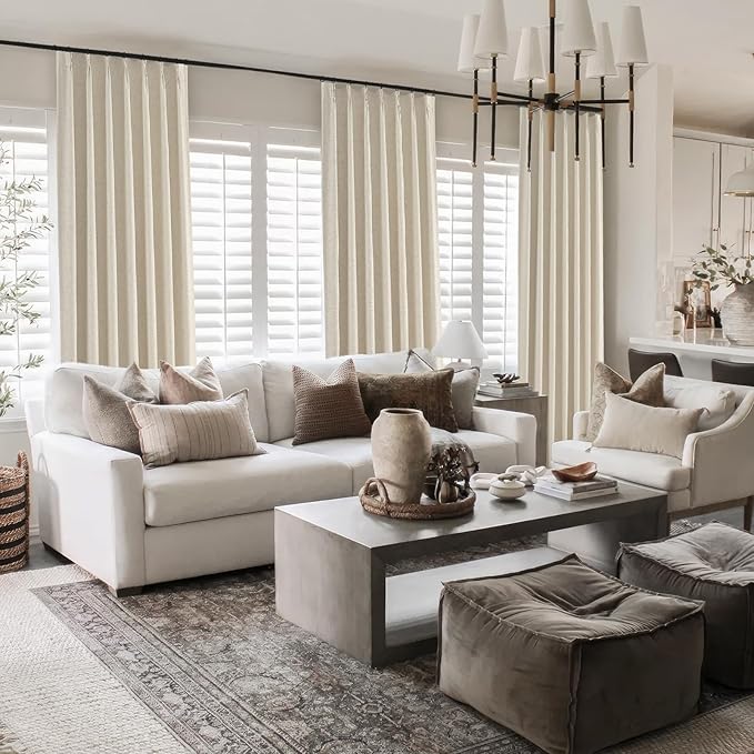 Topfinel 100 Inch Long Tan Black Out Custom Drapery Panels, Burlap Opaque Double Pinch Pleated Window Coverings, Kids Heat Blocking Back Tab Curtains