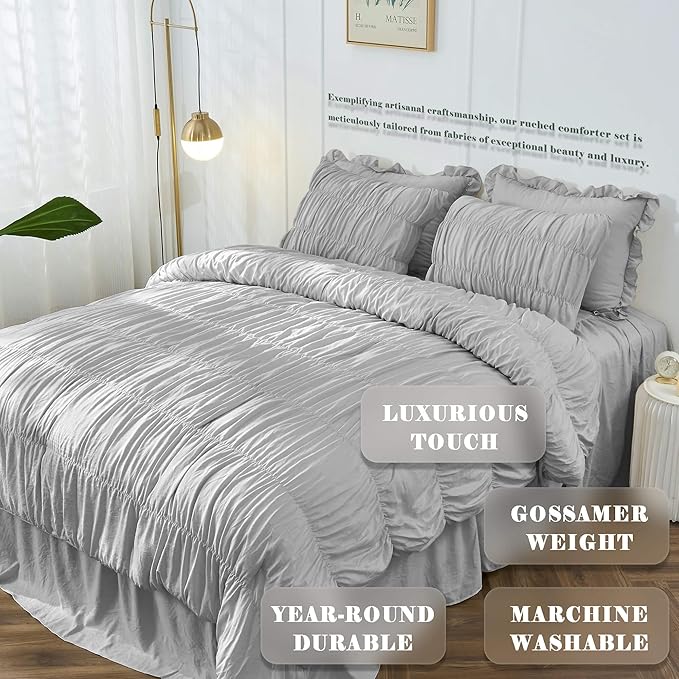 Bonlino Queen Comforter Set Light Grey Bedding - Ruched Comforter Queen Size Bed Set Boho Shabby Chic Comforter Fluffy 3 Piece Ruffle Comforter Set Pillow Girl Bedding Soft