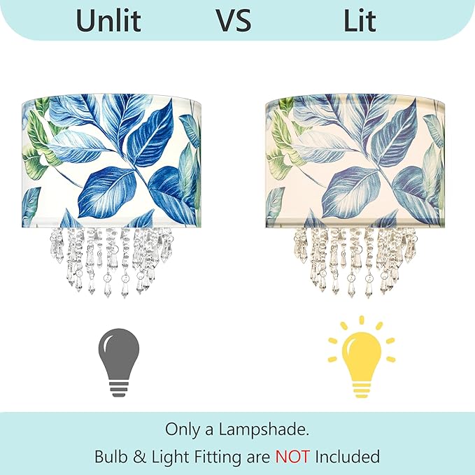 Star Vision Botanical Fabric Lampshade - Tropical Leaf Design with Crystal Bead Droplets, Blue Green Drum Shade for Pendant Table Wall & Floor Lamps, Nature-Inspired Home Decor