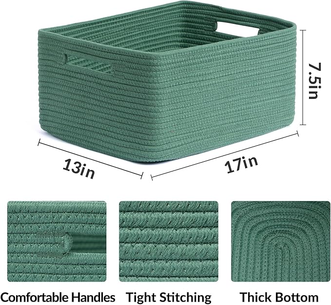 Large Storage Baskets for Shelves, Closet Organizers Bins for Clothes Blanket Towels, Baby Nursery, Toy Baskets Box, Woven Rope Baskets, 17 x 13 x 7.5”, 2 Packs Green